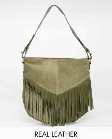 Fashion Shop - ASOS Suede Fringed Shoulder Bag with Leather Strap - Khaki
