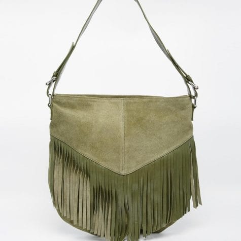 Fashion Shop - ASOS Suede Fringed Shoulder Bag with Leather Strap - Khaki