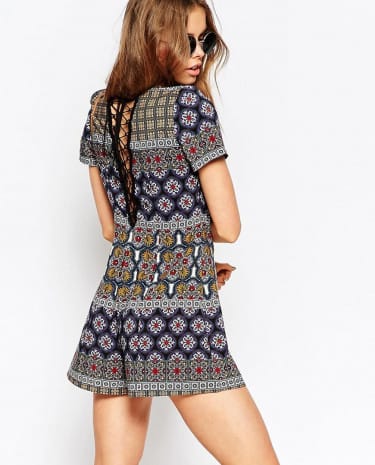 Fashion Shop - ASOS Playsuit with Lace Up Back in Mixed Folk Print - Multi