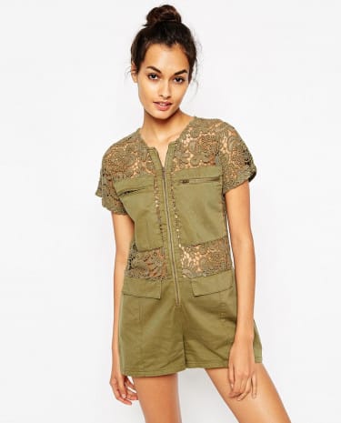 Fashion Shop - ASOS Premium Pocket Playsuit with Lace Inserts - Khaki