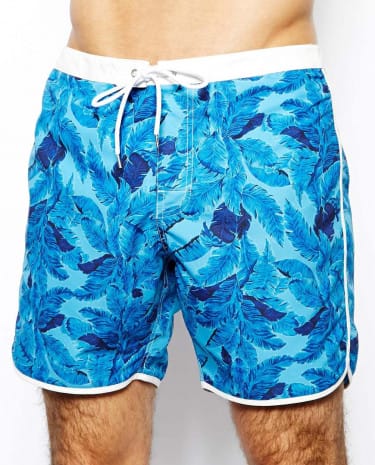 Fashion Shop - ASOS Swim Short In Mid Length With Leaf Print - Blue