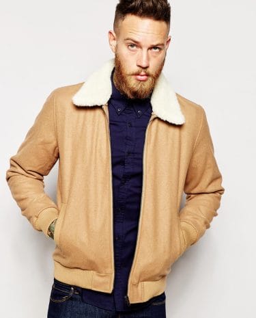 Fashion Shop - ASOS Wool Harrington Jacket With Faux Shearling Collar In Camel - Camel