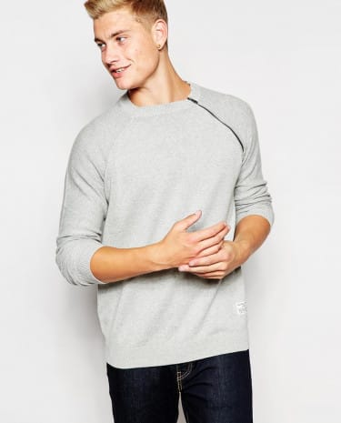 Fashion Shop - Jack & Jones Crew Neck Jumper with Shoulder Zip Detail - Lightgreymelange