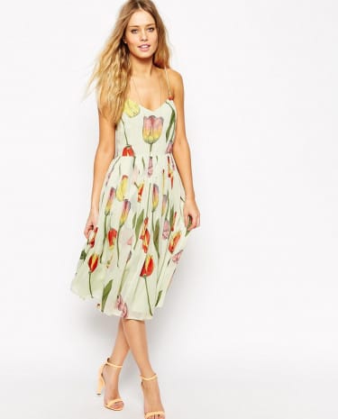 Fashion Shop - ASOS Midi Strappy Skater Dress in Tulip Print with Pleated Skirt - Multi