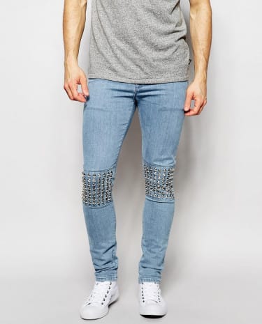 Fashion Shop - ASOS Super Skinny Jeans With Studded Knee Panels - Lightblue