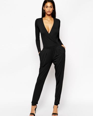 Fashion Shop - ASOS Wrap Front Jumpsuit With Long Sleeves - Black