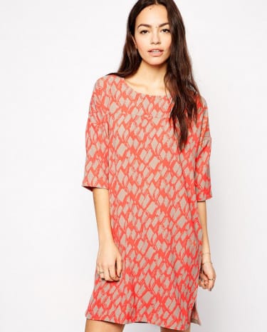 Fashion Shop - b.Young Aztec Print Shift Dress With 3/4 Sleeves - Hotcoral