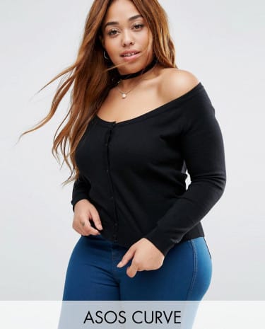 Fashion Shop - ASOS CURVE Cardigan In Fine Knit Off Shoulder Shape - Black