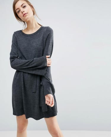 Fashion Shop - ASOS Knit Dress With Tie Cuff Detail - Grey