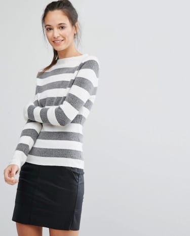 Fashion Shop - Only Hi Neck Stripe Knit Jumper - Grey