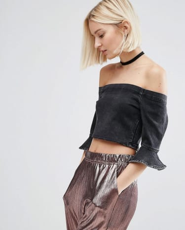 Fashion Shop - ASOS Denim Off Shoulder Crop Top with Fluted Sleeve in Washed Black - Black