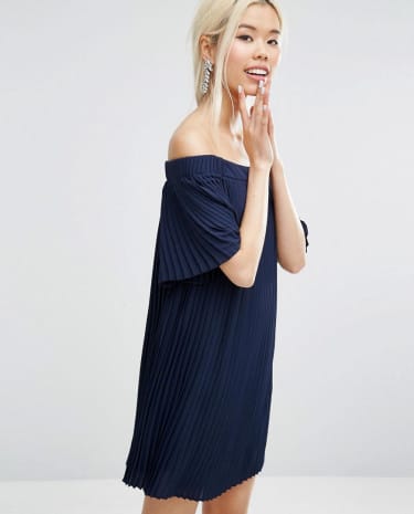 Fashion Shop - ASOS Off Shoulder Pleated Dress - Navy