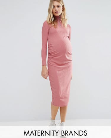 Fashion Shop - Bluebelle Maternity Rib Midi Dress With Zip - Pink
