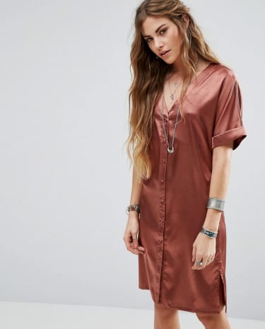 Fashion Shop - Glamorous Button Front Tea Dress In Satin - Copper
