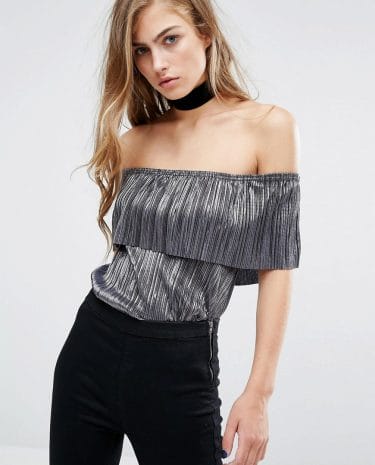 Fashion Shop - Miss Selfridge Frill Plisse Bardot Top - Grey