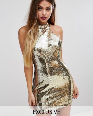 Fashion Shop - PrettyLittleThing High Neck Sequin Bodycon Dress - Gold