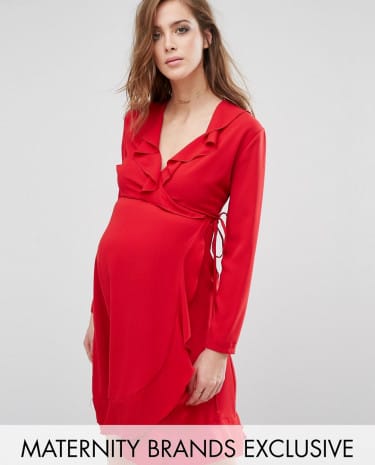 Fashion Shop - Queen Bee Long Sleeve Wrap Dress With Frill Detail - Red