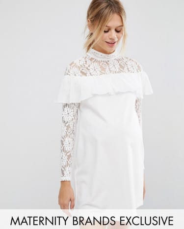 Fashion Shop - Queen Bee Shift Dress With Lace And Ruffle Detail - Cream