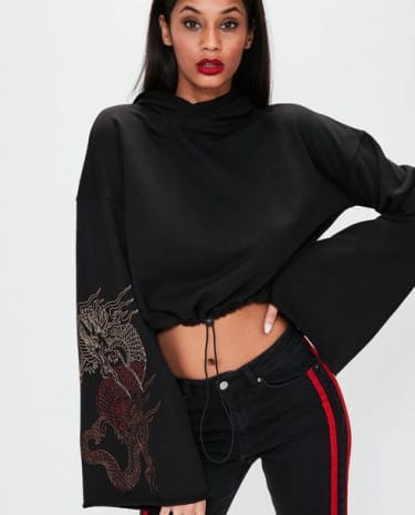 Fashion Shop - Drawstring Hem Dragon Embroidered Hoodie