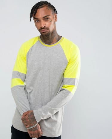 Fashion Shop - ASOS Longline Long -Sleeve Raglan T-Shirt With Neon Colour Block Arm Panels - Grey