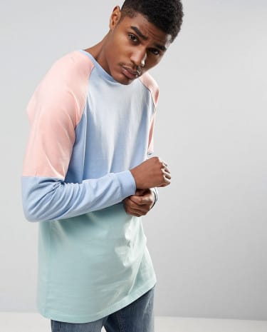 Fashion Shop - ASOS Longline Long Sleeve T-Shirt With Pastel Colour Block In Heavy Jersey - Multi