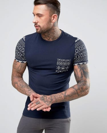 Fashion Shop - ASOS Muscle T-Shirt With Aztec Print Sleeve & Pocket - Blue