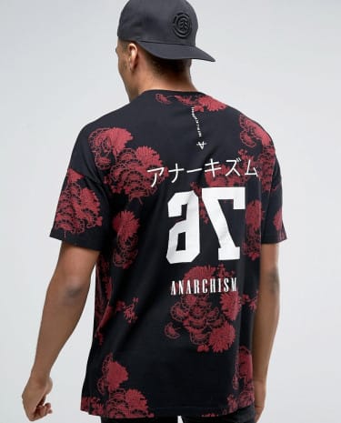 Fashion Shop - ASOS Oversized Longline T-Shirt With Floral All Over Print And Text Back Print - Black