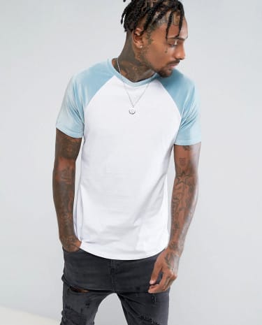 Fashion Shop - ASOS T-Shirt With Mini Curved Hem And Contrast Velour Raglan Sleeves In Cool Blue - White