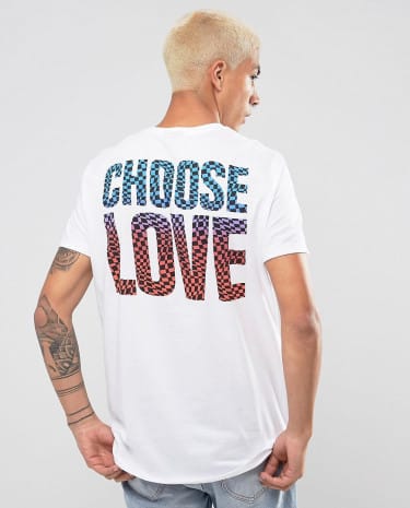 Fashion Shop - ASOS x HELP REFUGEES Longline Relaxed T-Shirt With CHOOSE LOVE Checkerboard Print - White