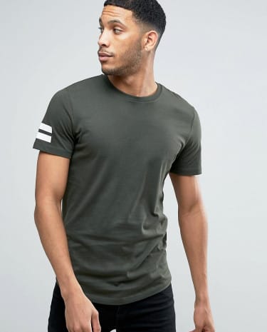 Fashion Shop - Jack & Jones Core Longline T-Shirt With Curved Hem And Arm Stripes - Green
