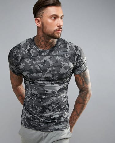 Fashion Shop - Nike Training Pro HyperCool Fitted Camo Print T-Shirt In Grey 828180-037 - Grey