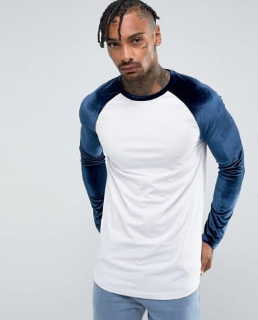 Fashion Shop - ASOS Longline Muscle Long Sleeve T-Shirt With Velour Sleeves And Curve Hem - White