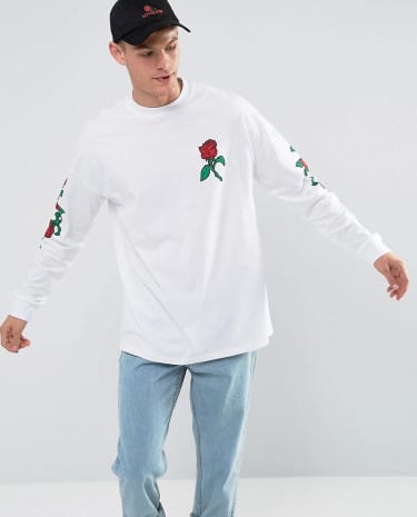 Fashion Shop - ASOS Oversized Long Sleeve T-Shirt With Rose Sleeve And Chest Print - White