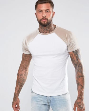 Fashion Shop - ASOS T-Shirt With Mini Curved Hem And Contrast Velour Raglan Sleeves In Taupe - White