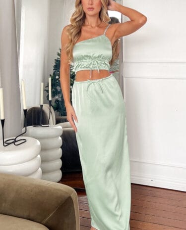 Fashion Shop - Lala Sage Satin Maxi Skirt Shop Maxi Skirts by Beginning Boutique
